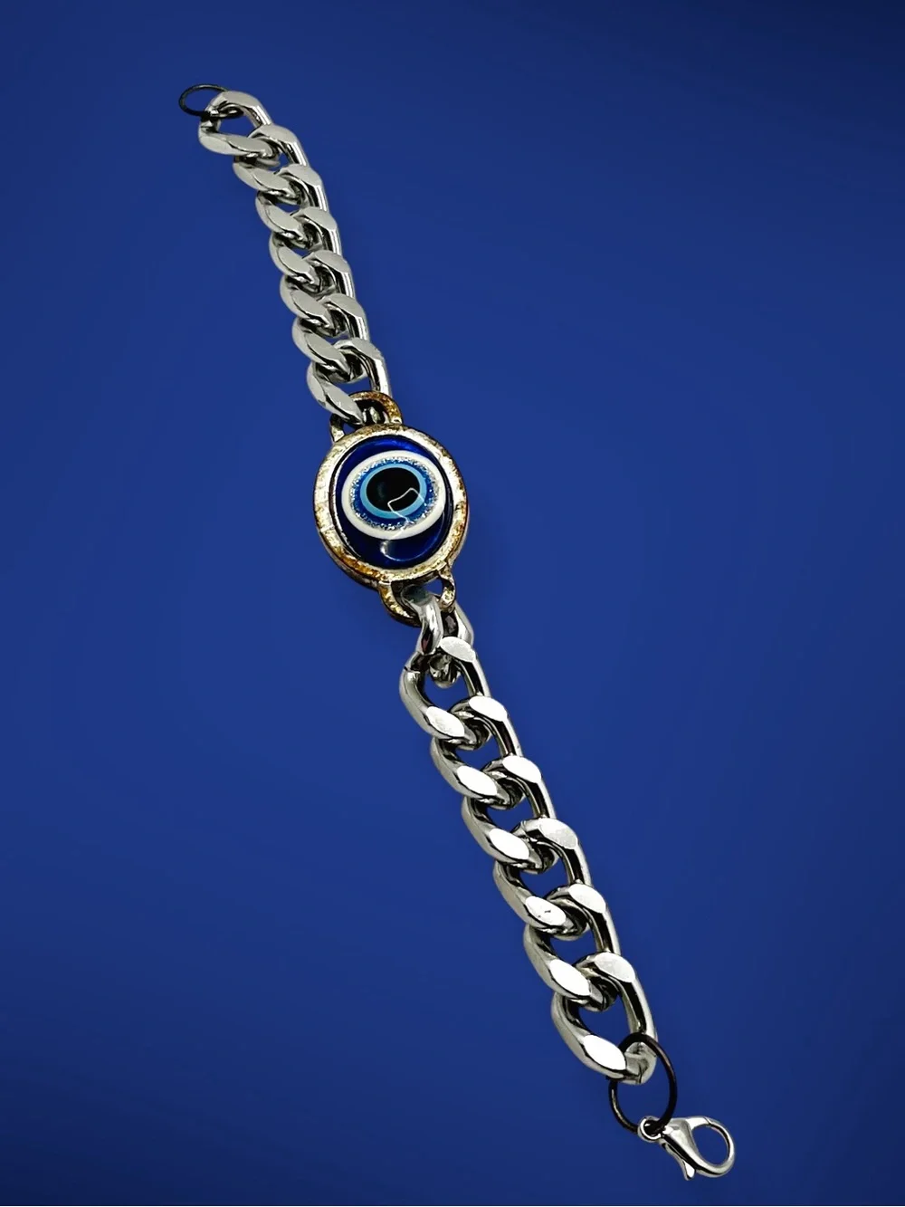 Stainless Steel Evil Eye Curb Chain Bracelet Blue Nazar Protection Amulet